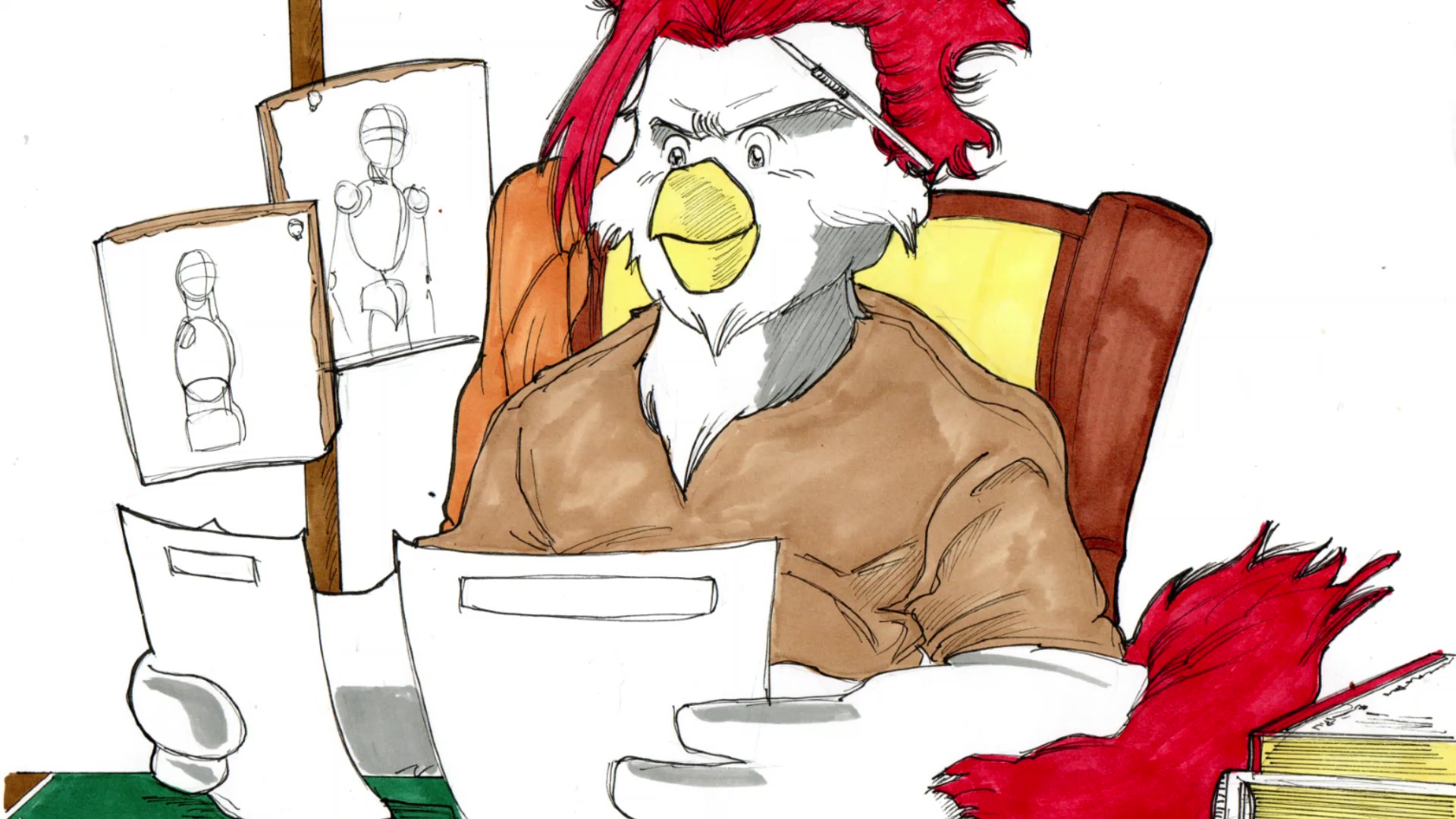 La mascotte de Jeuhne Guyoh à sa table de dessin